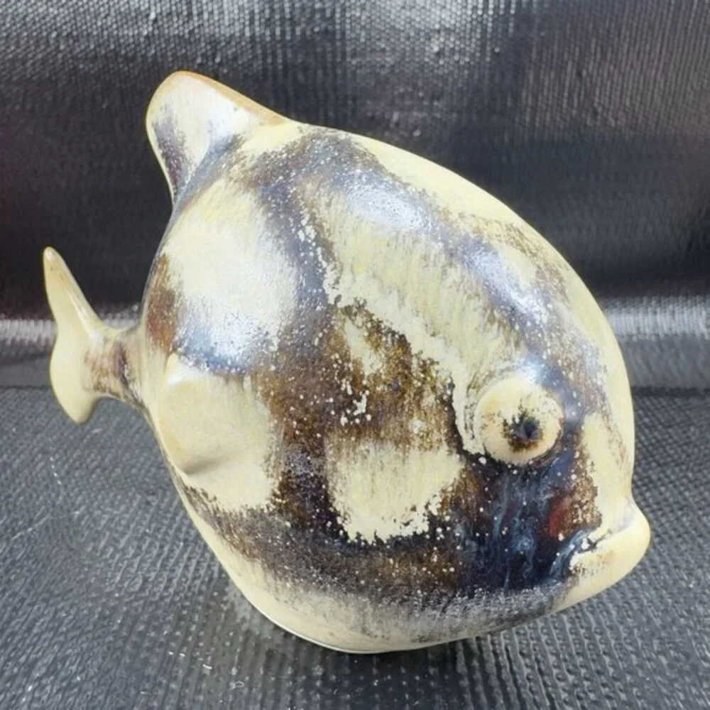 Vintage Hand Made Stoneware Pottery Piranha Fish Figurine Brown Glaze Figure VTG